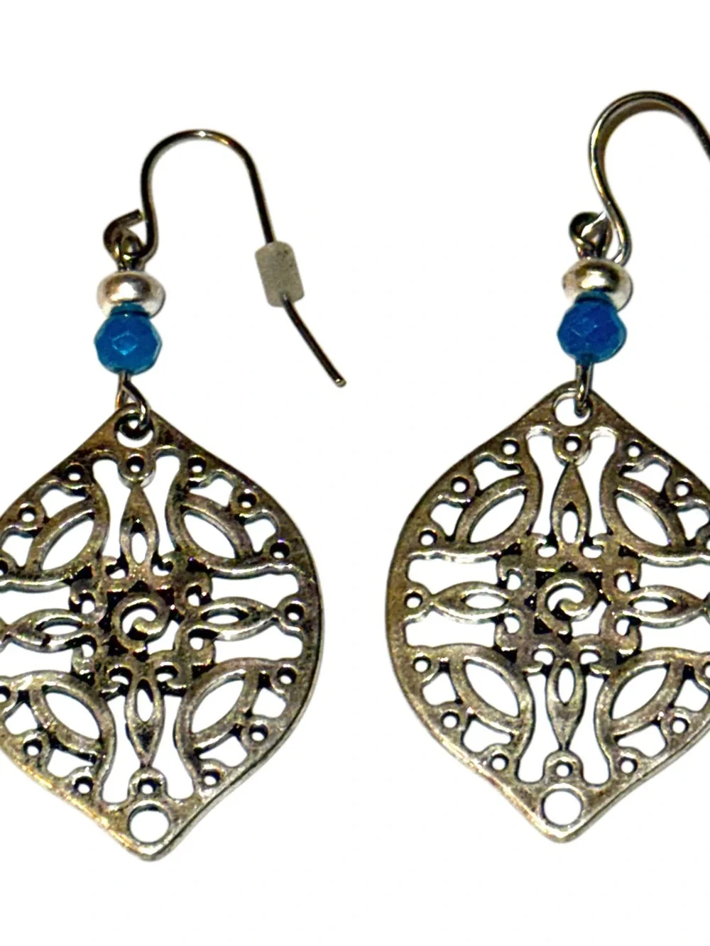 Filigree Leaf Drop Earrings with Blue and Silver Bead Accents